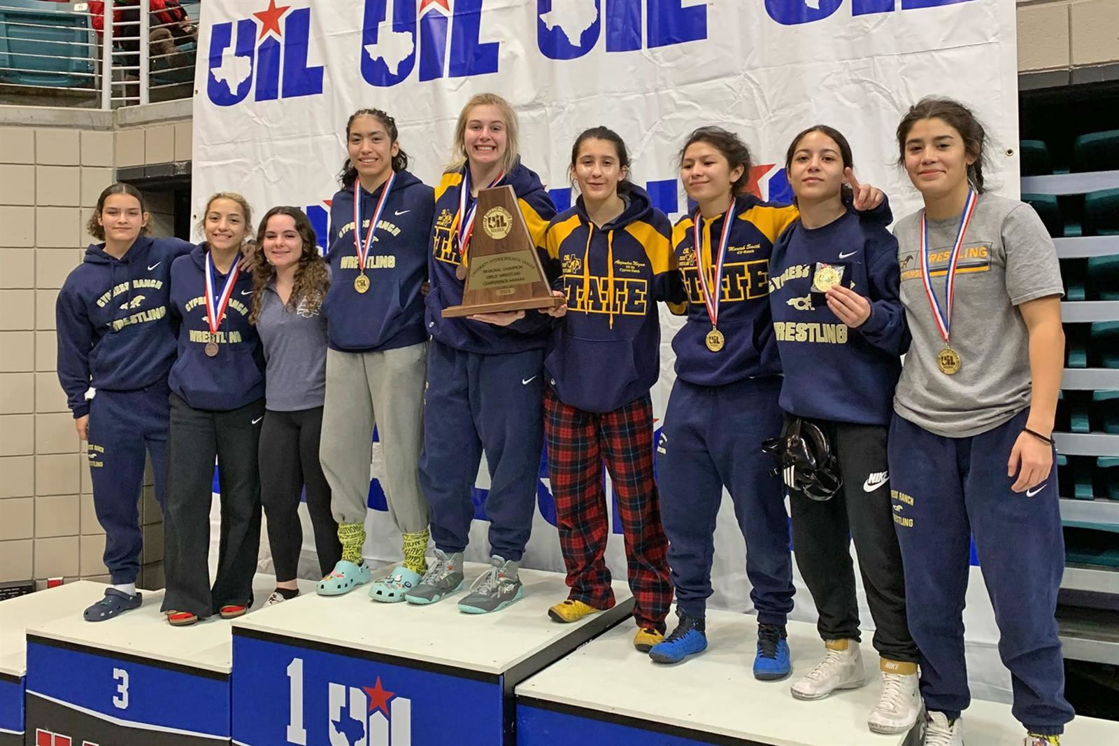 The Cypress Ranch High School girls’ wrestling team won the team title at the Region III-6A Wrestling Championships.